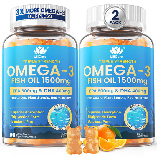 Fish Oil Omega 3 Gummies 1500mg for Adults - Triple Strength with EPA & DHA, COQ10, Red Yeast Rice - Wild Caught Omega 3 Fatty Acids Supplements - Sugar Free, Burpless, 120 Count
