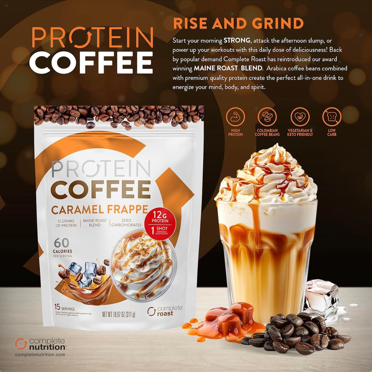 Complete Roast Caramel Frappe Protein Coffee, 0 Carbs, 60 Calories, Low Fat
