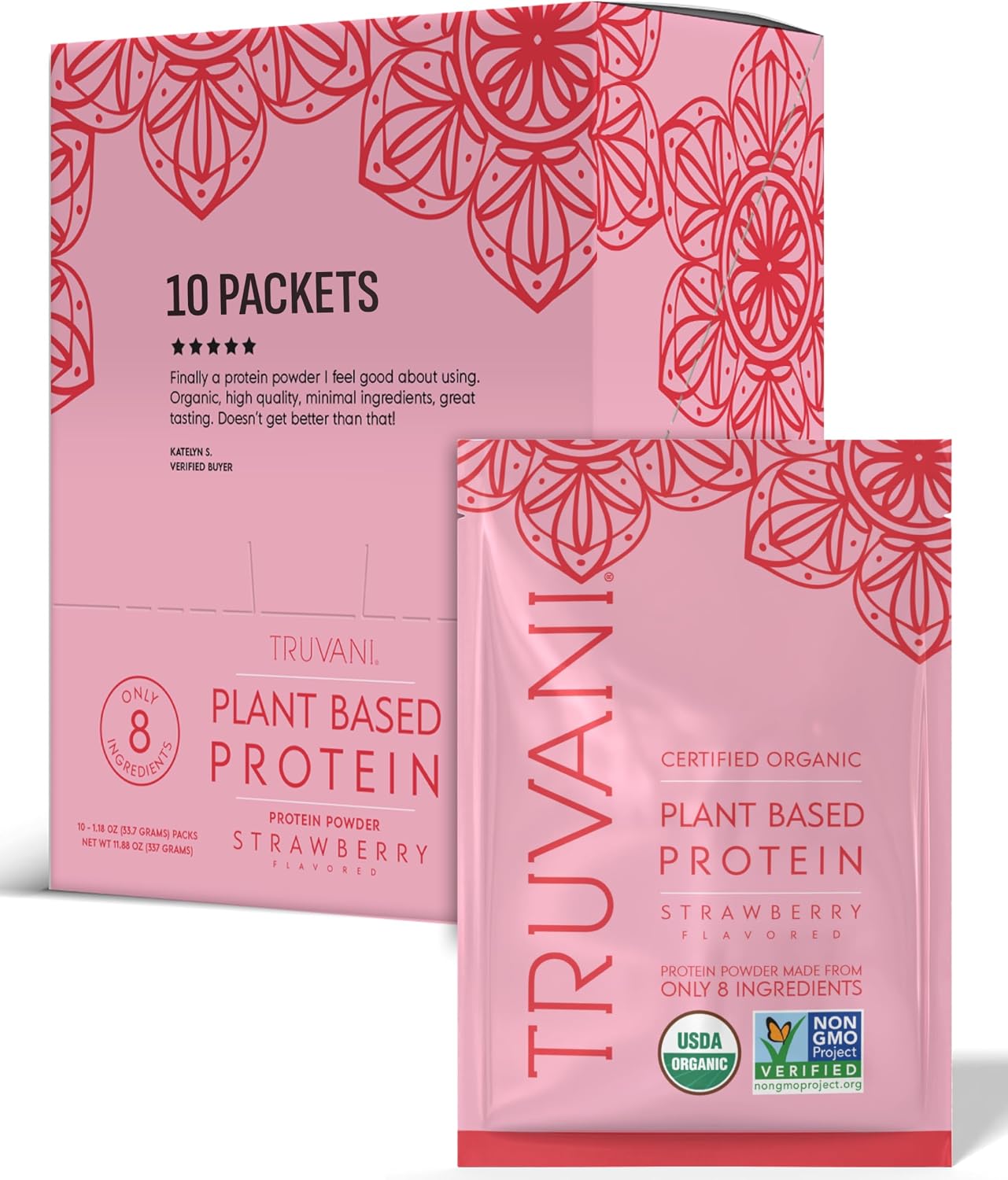 Truvani Organic Plant Based Protein Powder | Strawberry | 10 Servings | Vegan | 20g Pea Protein | Single Serving Travel Packets | Keto | Gluten & Dairy Free | Low Carb