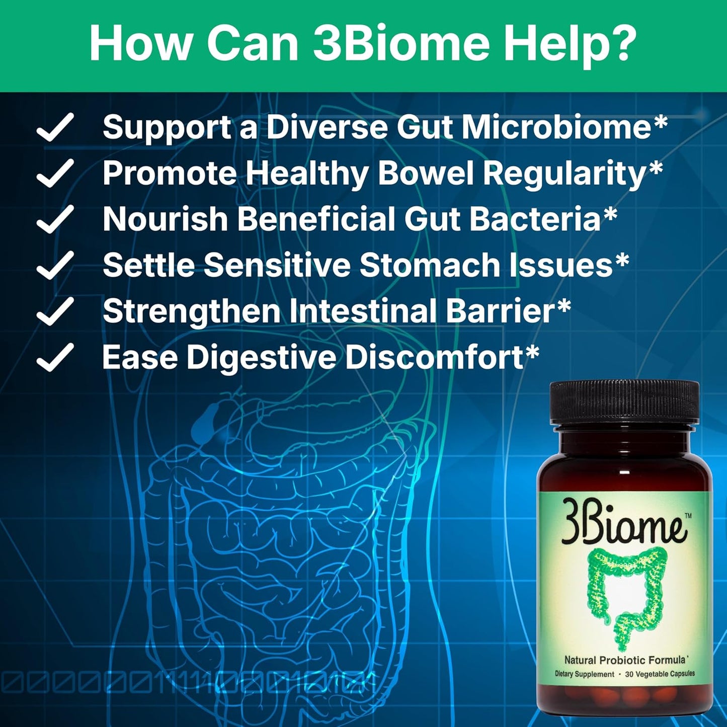 3Biome Natural Probiotic Supplement for Gut Health, Vegan, Gluten-Free | With Smart Probiotics to Improve Digestion and Regularity While Easing Gas, Bloating, and Stomach Discomfort, 30-Day Supply