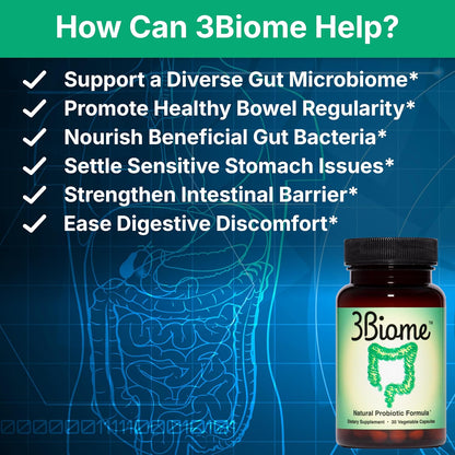 3Biome Natural Probiotic Supplement for Gut Health, Vegan, Gluten-Free | With Smart Probiotics to Improve Digestion and Regularity While Easing Gas, Bloating, and Stomach Discomfort, 30-Day Supply