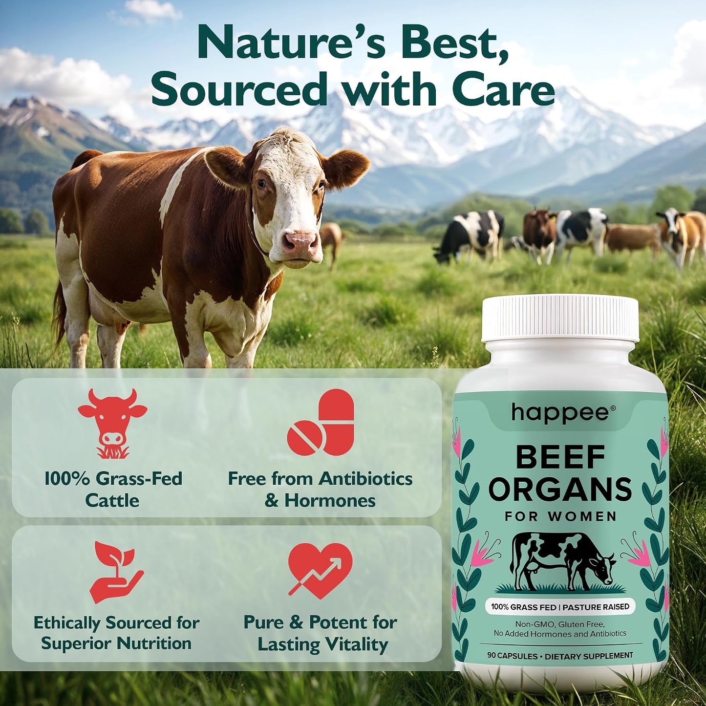 Happee Grass Fed Beef Organ Supplement for Women - Beef Liver, Heart, Kidney, Ovary & Uterus Blend - Hormone Balance, Energy & Cycle Support - 90 Capsules