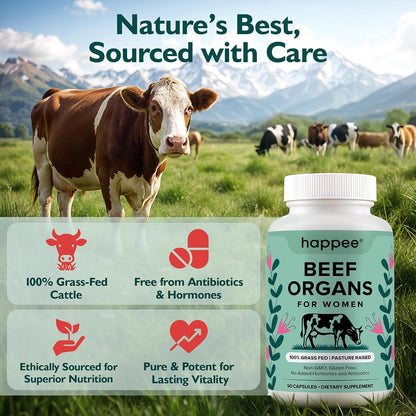 Happee Grass Fed Beef Organ Supplement for Women - Beef Liver, Heart, Kidney, Ovary & Uterus Blend - Hormone Balance, Energy & Cycle Support - 90 Capsules
