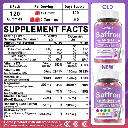 Happy Saffron Supplements Gummies - 4 Months Supply -Saffron Extract 177mg 88.5mg, w/ Magnesium Glycinate 400mg 200mg, Rhodiola, Rosemary, Vitamin D, B6 B12 for Rest, Mood, Calm, Focus, Sugar-Free