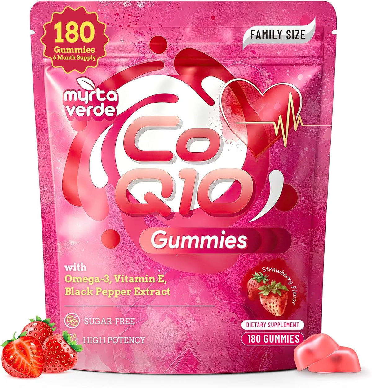 (180 Count) CoQ10 Gummies 300mg Sugar-Free | High Absorption Coenzyme Q10 Supplements with Omega-3, Vitamin E & Black Pepper | Heart, Fertility & Energy | 6 Month Supply, Strawberry Flavor