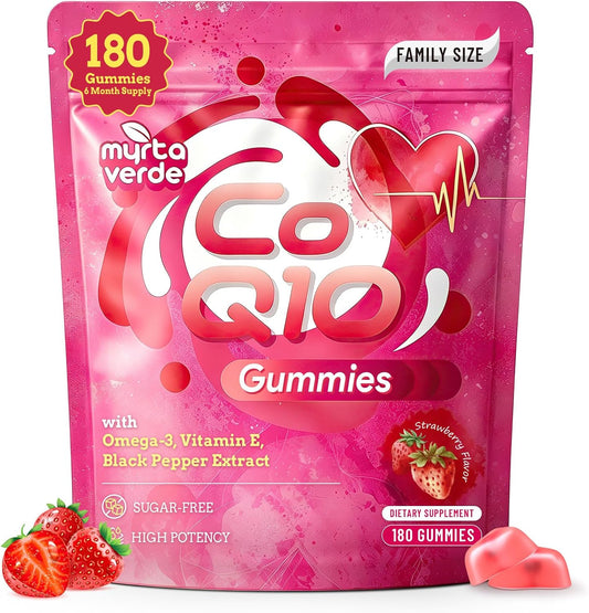 (180 Count) CoQ10 Gummies 300mg Sugar-Free | High Absorption Coenzyme Q10 Supplements with Omega-3, Vitamin E & Black Pepper | Heart, Fertility & Energy | 6 Month Supply, Strawberry Flavor