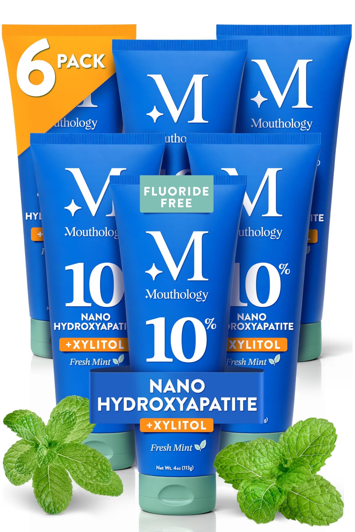 Mouthology 10% Nano Hydroxyapatite Toothpaste Fluoride Free, Whitening*, Rod Shaped nHA, Xylitol Toothpaste for Adults, Enamel Care*, Sensitive Teeth*, SLS Free, Mint 4oz (USA Made) Package May Vary