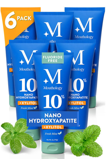 Mouthology 10% Nano Hydroxyapatite Toothpaste Fluoride Free, Whitening*, Rod Shaped nHA, Xylitol Toothpaste for Adults, Enamel Care*, Sensitive Teeth*, SLS Free, Mint 4oz (USA Made) Package May Vary