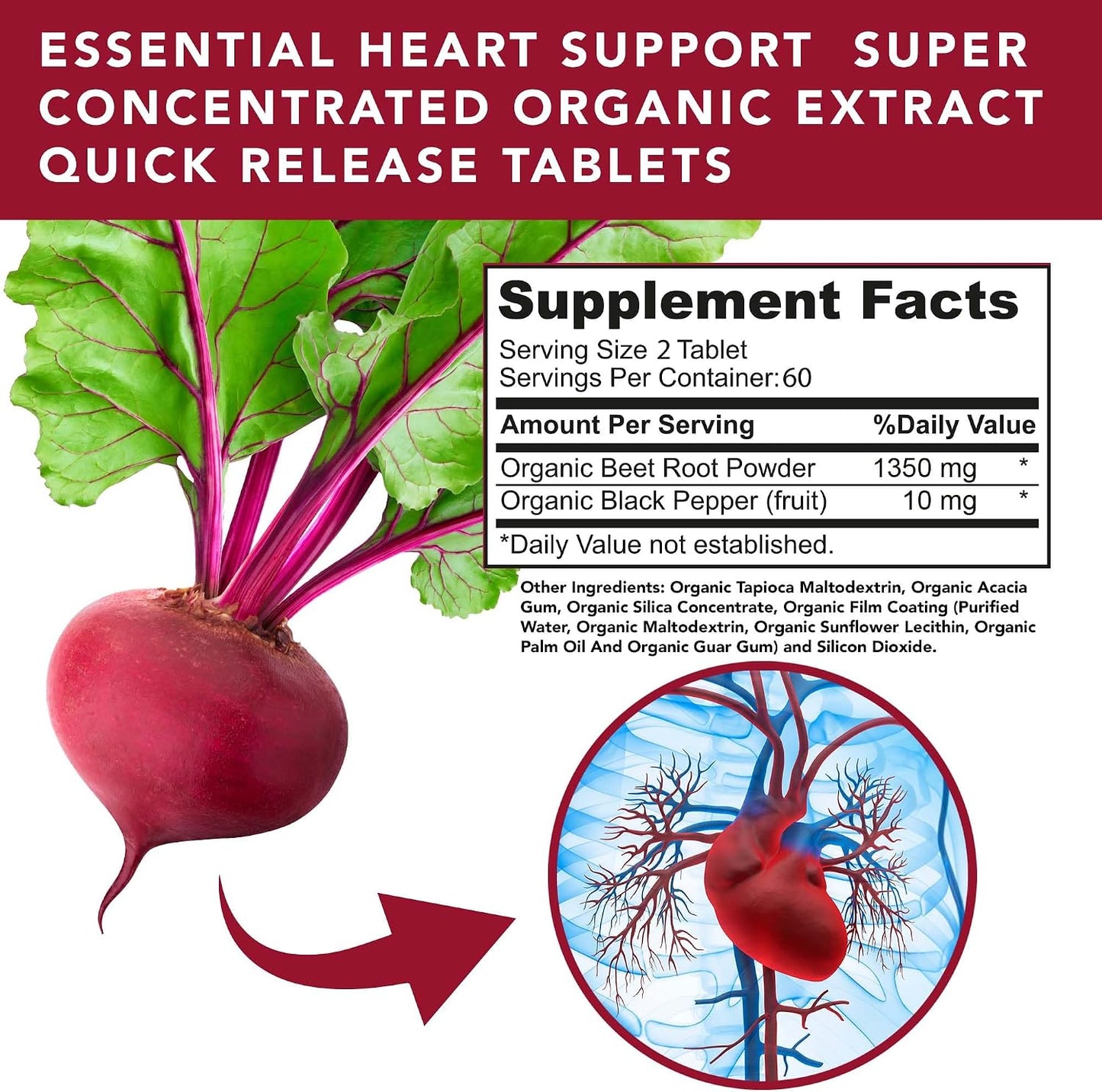 Organic Beet Root Capsules 1350mg – USDA Certified Beetroot Powder Supplement with Black Pepper | Nitric Oxide & Circulation Support | Vegan Non-GMO | 120 Tablets 2 Month Supply