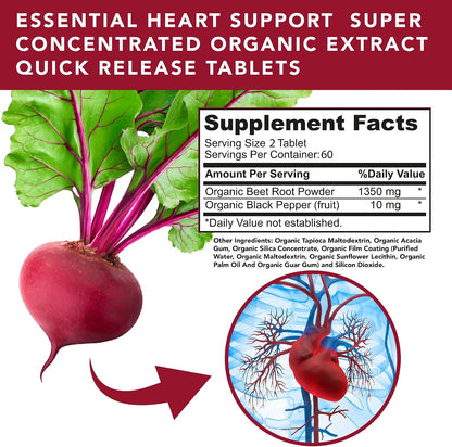 Organic Beet Root Capsules 1350mg – USDA Certified Beetroot Powder Supplement with Black Pepper | Nitric Oxide & Circulation Support | Vegan Non-GMO | 120 Tablets 2 Month Supply