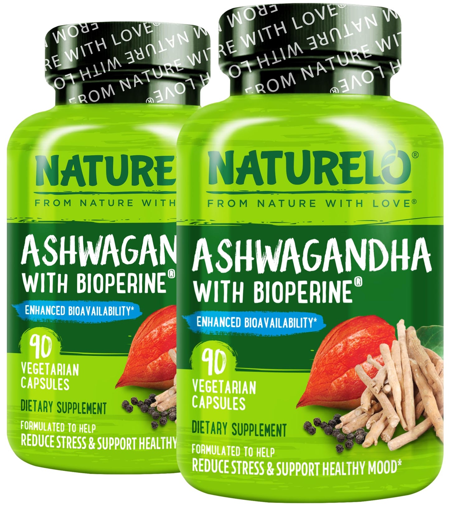 NATURELO Ashwagandha Organic Root Powder - Natural Herbs Supplement for Fatigue, Stress Relief, Mood Enhancer - with Black Pepper Extract - 90 Vegan Capsules