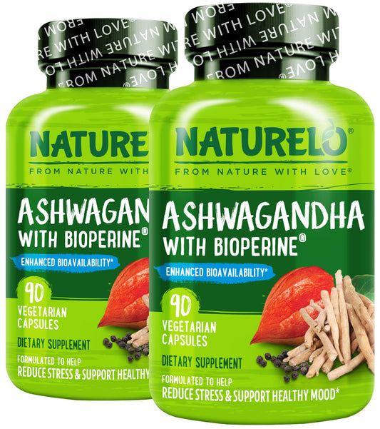 NATURELO Ashwagandha Organic Root Powder - Natural Herbs Supplement for Fatigue, Stress Relief, Mood Enhancer - with Black Pepper Extract - 90 Vegan Capsules