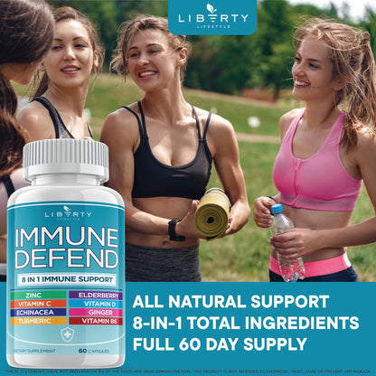 8 in 1 Immune Defense Support, Immunity Vitamins Supplement Booster Zinc 50mg, Vitamin C Elderberry VIT D3 5000 IU, Turmeric Curcumin & Ginger, Echinacea - Allergy Relief for Kids Adults (2 Pack)