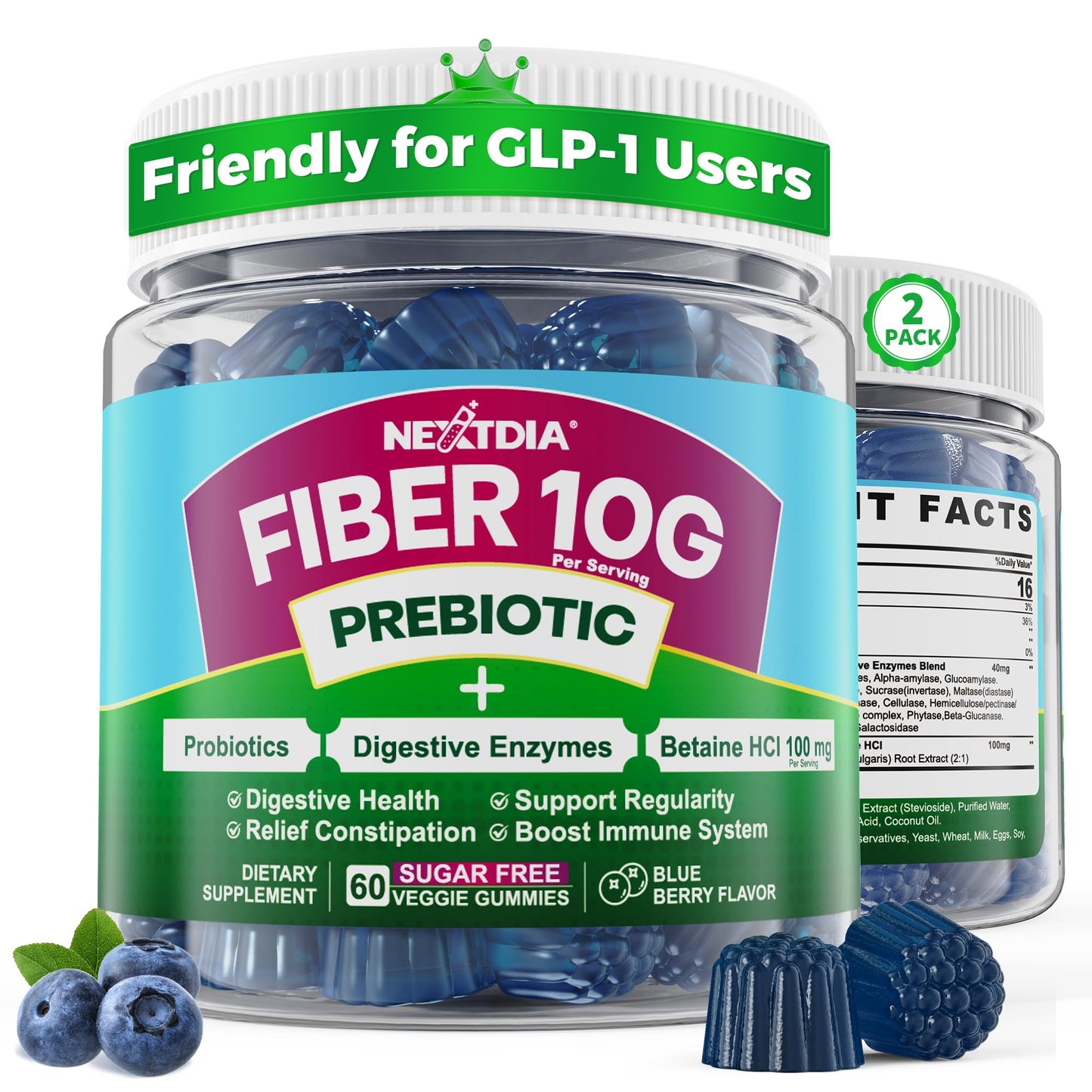 Fiber Gummies for Adults, GLP-1 Friendly 10g Prebiotic Fiber Supplement w/ Digestive Enzymes, Probiotics & 100mg Betaine for Digestive & Gut Health and Regulate Bowel Movement, Vegan, Sugar Free,120ct
