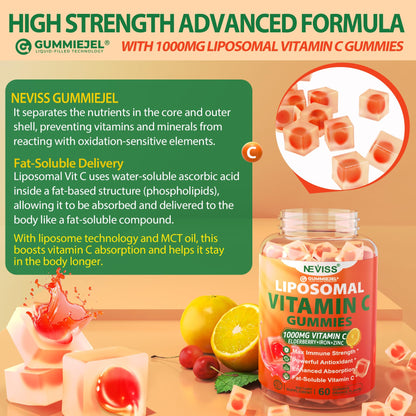 Liposomal Vitamin C 1000mg Gummies for Adults - Vitamin C Chewable with Elderberry, Zinc & 8mg Iron, Sugar Free Vit C Supplements, Daily Immune Support Gummies for Energy, Collagen Booster 60 Counts