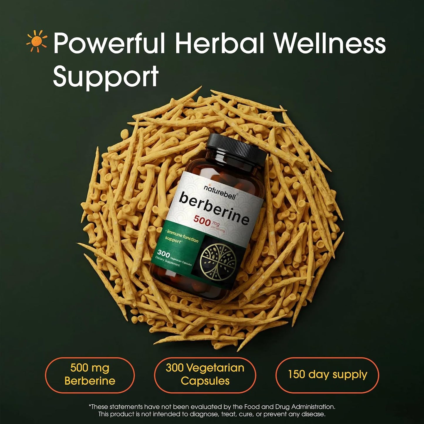 NatureBell Berberine 500mg - 300 Capsules - 97% Pure Berberine HCl - 5:1 Root Extract of Berberis Aristata - Antioxidant, Alkaloid & Adaptogenic Support*