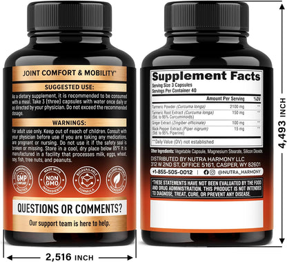 Turmeric Curcumin Supplement 2365 mg - Turmeric with Ginger & Black Pepper - Highly Bioavailable & Extra Strength 95% Curcuminoids - Antioxidant, Immunity & Joint Support - Lab Tested - 120 Capsules