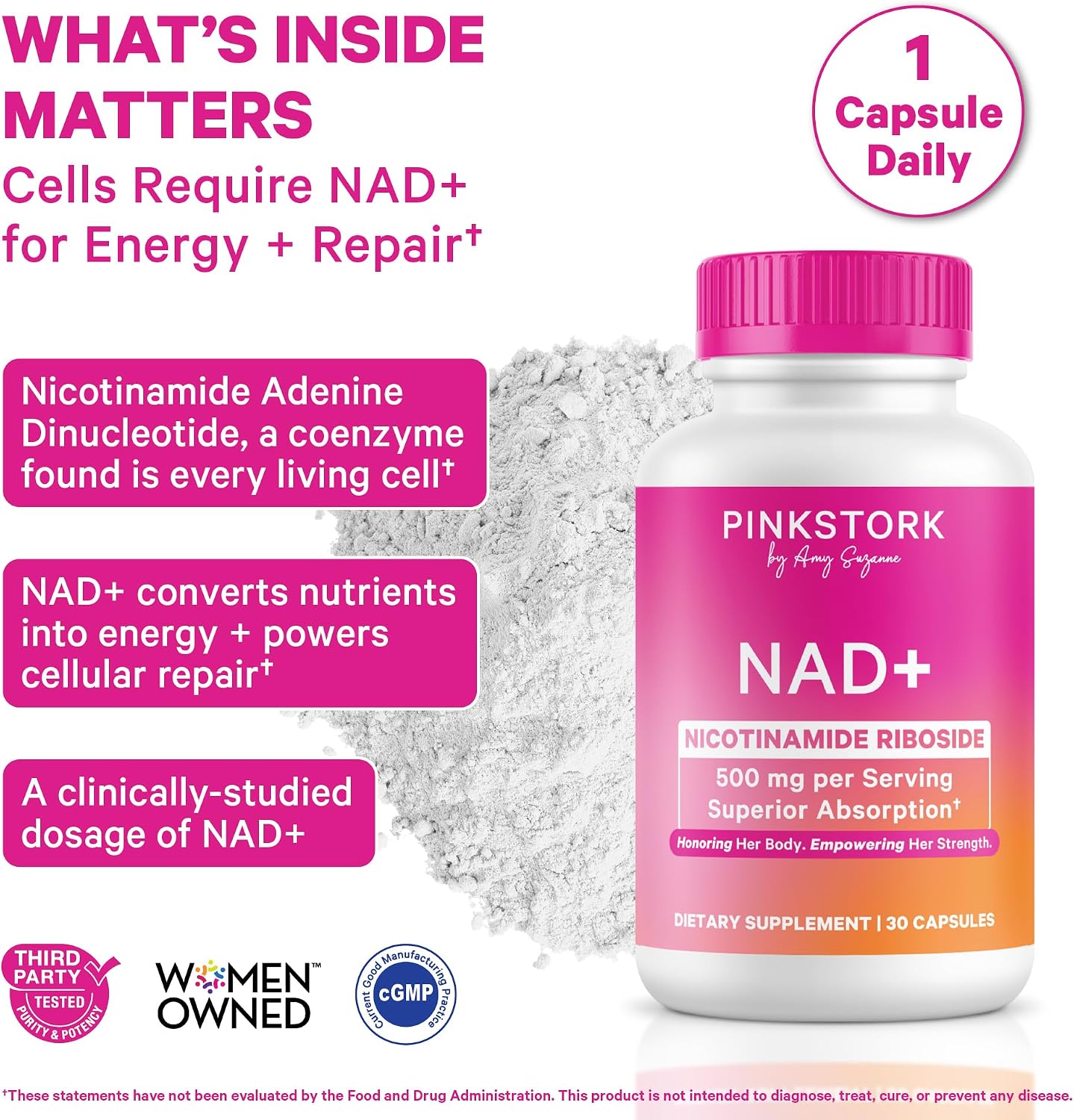 Pink Stork NAD+ Supplement for Women Over 30, 30 Capsules | 500 mg Nicotinamide Riboside NR, Clinically Studied Pure NMN Powder, Brain, Energy, + Cellular Skin Health Support