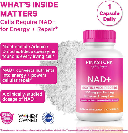 Pink Stork NAD+ Supplement for Women Over 30, 30 Capsules | 500 mg Nicotinamide Riboside NR, Clinically Studied Pure NMN Powder, Brain, Energy, + Cellular Skin Health Support
