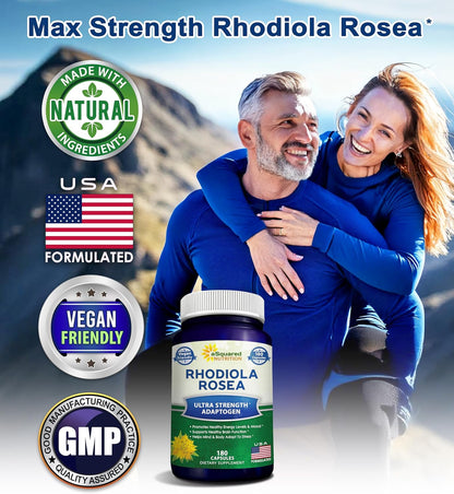 aSquared Nutrition Rhodiola Rosea Supplement 1000mg - 180 Vegan Capsules - Max Strength Rhodiola Root Extract Pills Improve Pure Energy, Brain Function & Stress Relief -Golden Root Herb Powder Tablets