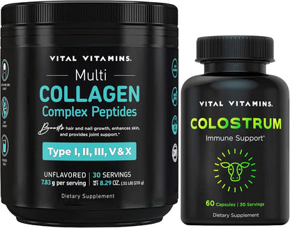 Vital Vitamins Multi Collagen Peptides Powder + Colostrum Capsules with Vitamin C, Zinc