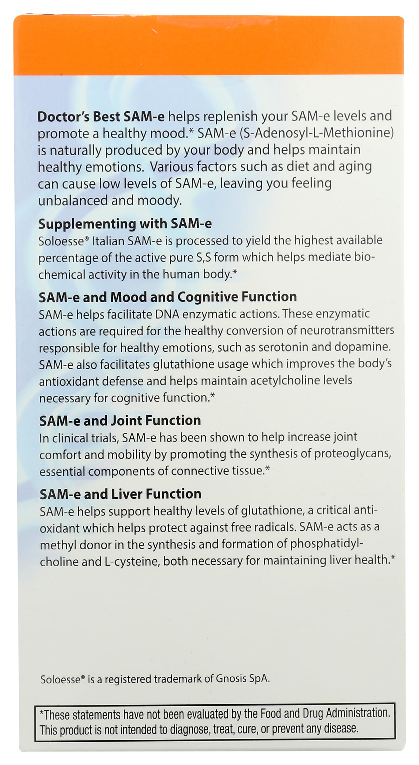 Doctor's Best SAM-e 400 mg, Vegan, Gluten Free, Soy Free, Mood and Joint Support, 60 Enteric Coated Tablets