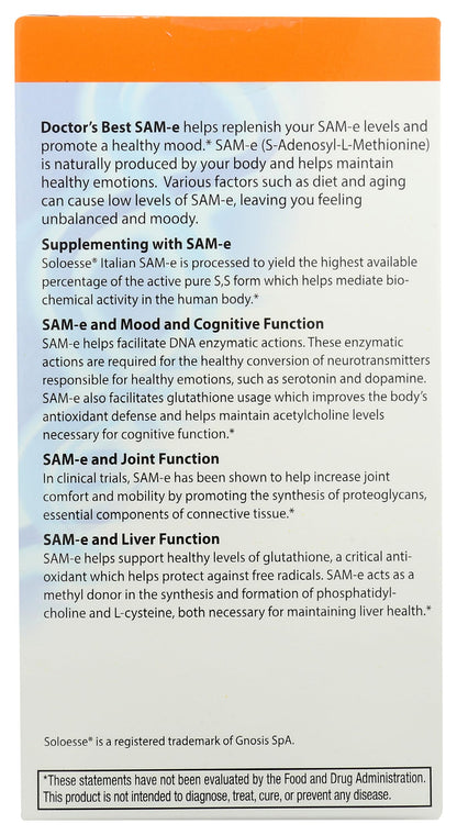 Doctor's Best SAM-e 400 mg, Vegan, Gluten Free, Soy Free, Mood and Joint Support, 60 Enteric Coated Tablets