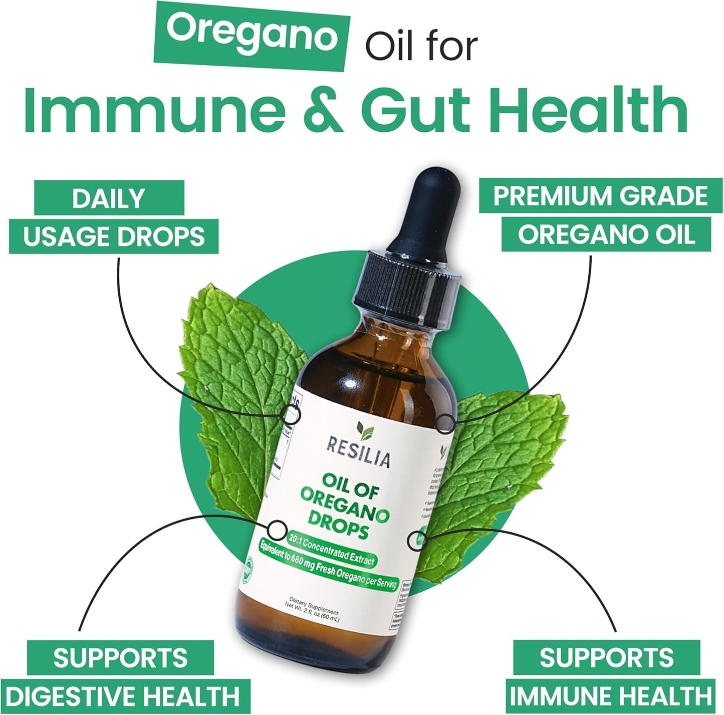 Resilia Premium Oregano Oil Drops – High Potency 34mg Per Serving – Herbal Antioxidant Formula for Immune Support – Non-GMO, Easy-to-Use Liquid Supplement, 60ml