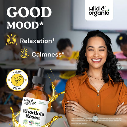 Wild & Organic Rhodiola Rosea Tincture - Rhodiola Rosea Supplement for Mood Support - Relaxing Root Extract Liquid Drops - Vegan, Sugar & Alcohol-Free - 4 fl oz