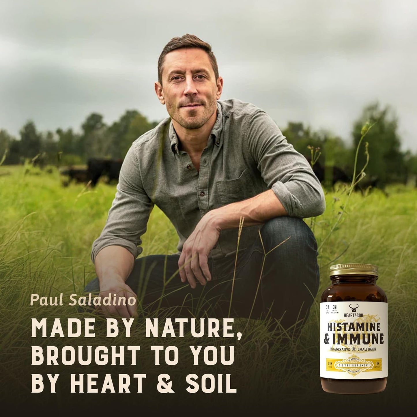 HEART & SOIL Histamine & Immune Support, 180 Capsules | 100% grass fed & finished from regenerative cattle with thymus, lung, spleen, liver & kidney. Immune defense.