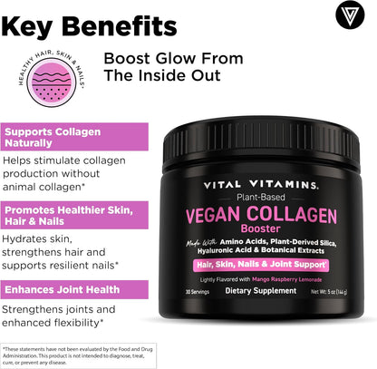 Vital Vitamins Vegan Collagen Booster Powder with Amino Acids & Vitamin C | Mango Raspberry Lemonade Flavor, Plant-Powered Collagen Support with Biotin & Hyaluronic Acid, 30 Servings