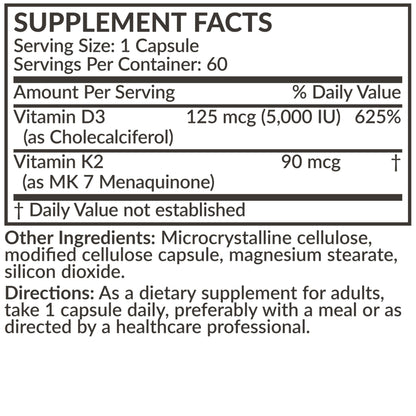Futurebiotics Vitamin K2 (MK7) with D3 Supplement - Non-GMO Formula - 5000 IU Vitamin D3 & 90 mcg Vitamin K2 MK-7, 120 Vegetarian Capsules