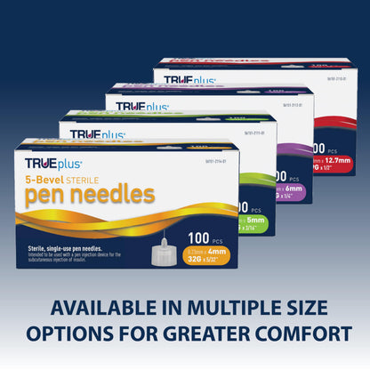 TRUEplus 5-Bevel Sterile Pen Needles, 32G x 4mm (5/32 Inch), 50 Count | For Use with Pen Injection Device, Single-Use Needles, Compatible Thread with Major Pen Devices, Silicone Coated