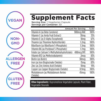 Livingood Daily Iron Supplement for Women & Men, Blood Support Formula with Chelated Iron, Methylated B12, Vitamin C, Zinc & Folate, Vegan, Non GMO, Gluten Free, Allergen Free, 30 Capsules