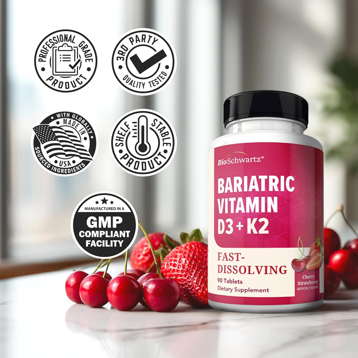 Bariatric D3 K2 Dissolvable Tablets - 90 Cherry-Strawberry Tablets