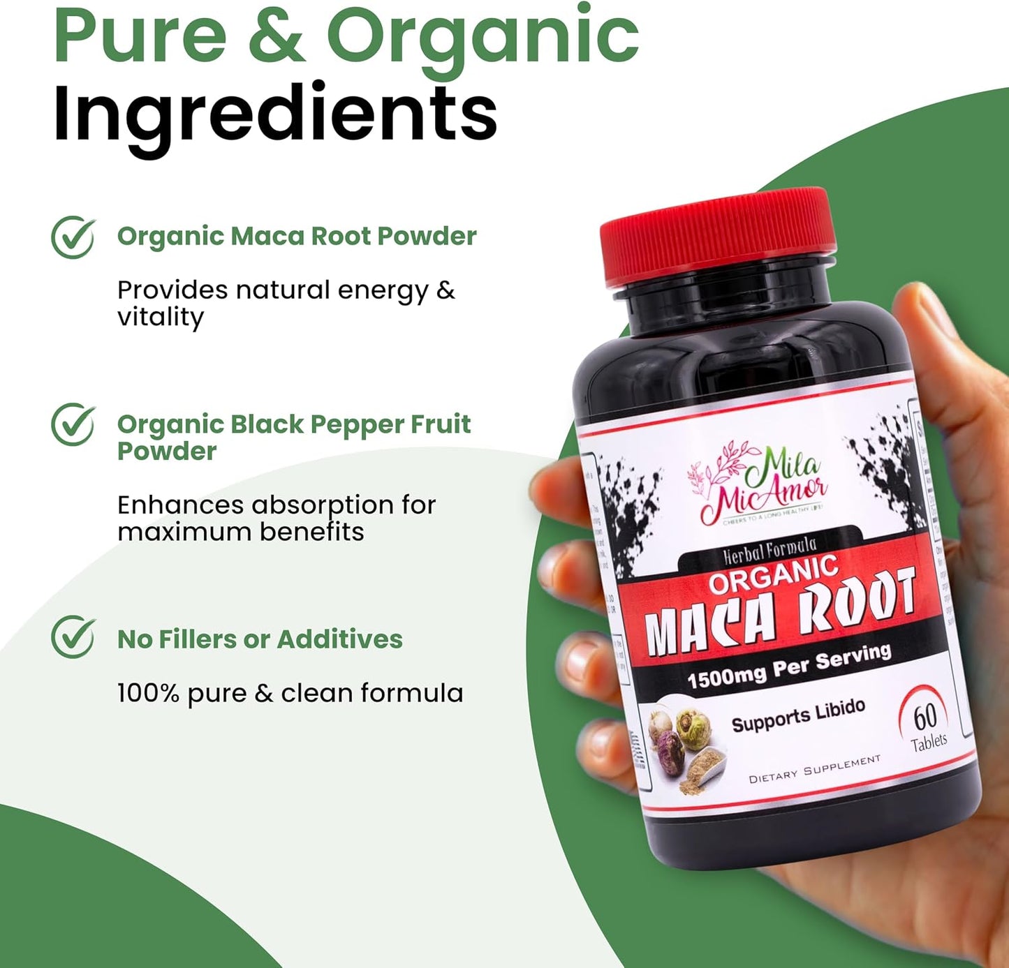 Organic Maca Root Extract 1500 mg, Peak Performance for Men & Women, Sustained Energy & Hormone Support with Black Pepper, Non-GMO, 60 Tablets, US-Made