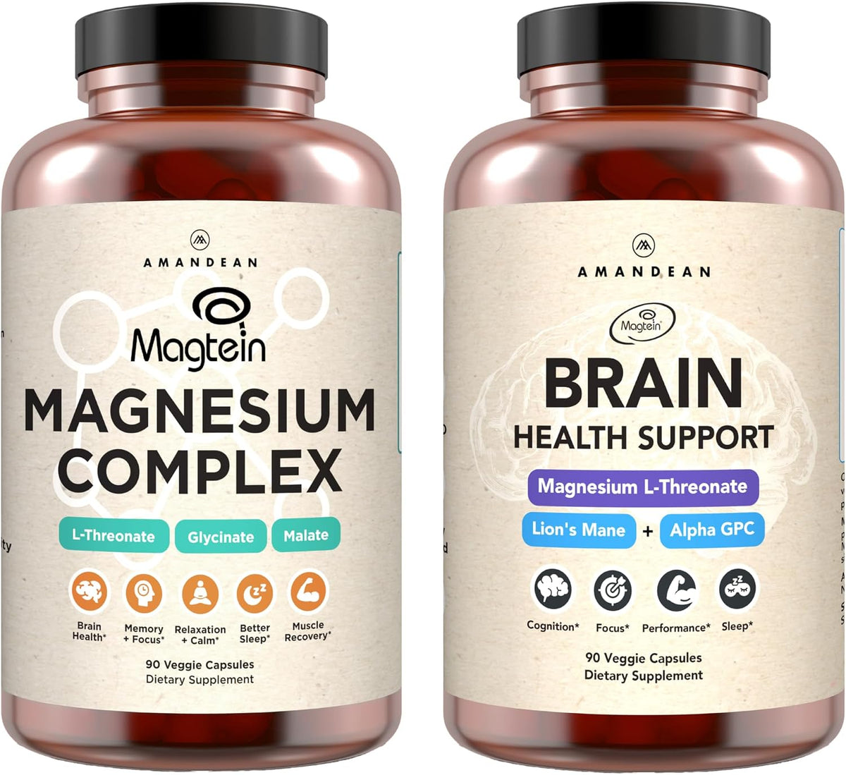AMANDEAN Premium Brain & Magnesium Bundle: High-Absorption Magnesium L-Threonate, Glycinate & Malate, USA-Grown Organic Lion’s Mane 6:1 Extract, and Alpha-GPC. Supports cognitive health, focus & sleep