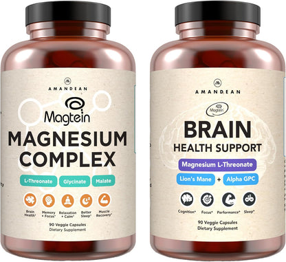 AMANDEAN Premium Brain & Magnesium Bundle: High-Absorption Magnesium L-Threonate, Glycinate & Malate, USA-Grown Organic Lion’s Mane 6:1 Extract, and Alpha-GPC. Supports cognitive health, focus & sleep