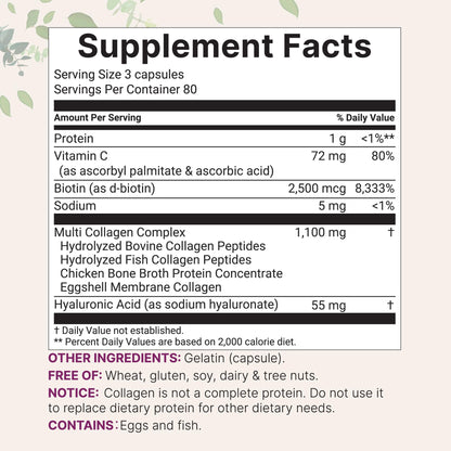 Micro Ingredients Multi Collagen Pills, 240 Capsules | Type I, II, III, V, X | Hydrolyzed Peptides with Biotin, Hyaluronic Acid, & Fat Soluble Vitamin C Complex | Non-GMO, Filler Free