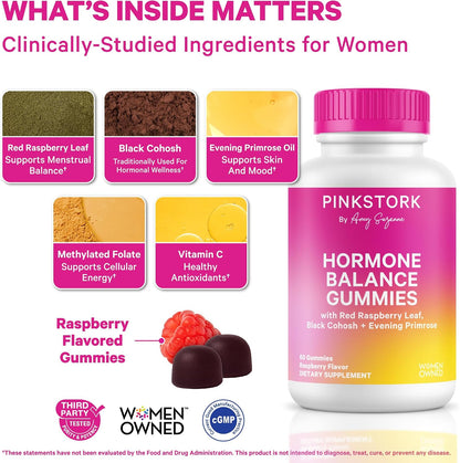 Pink Stork Hormone Balance Gummies for Women, 60 Vegan Gummies | PMS, Menopause & Perimenopause Support, Mood, Digestion, Temperature Comfort + Energy, Red Raspberry Leaf, Black Cohosh