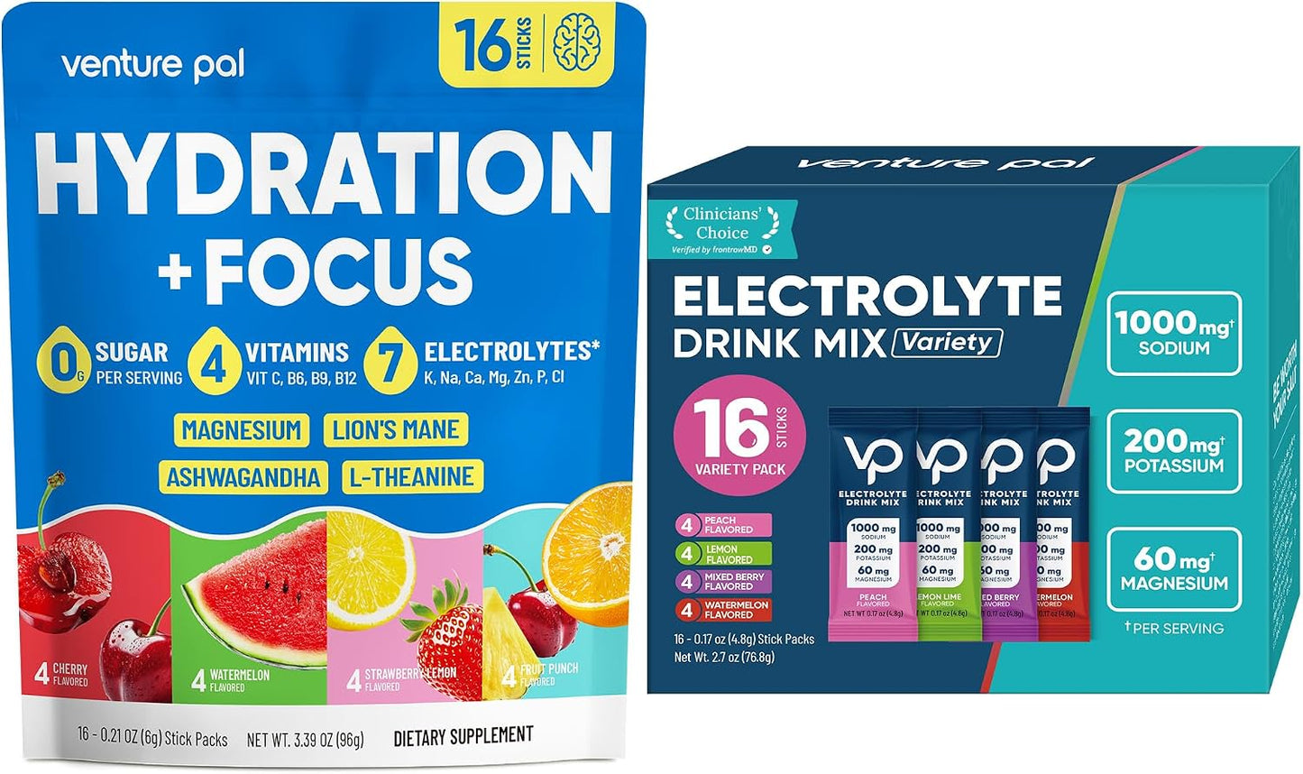 Venture Pal 2-in-1 Focus Support Electrolytes Powder + High Sodium Sugar-Free Electrolyte Powder Packets Bundle, Hydration Packets with Vitamins, Lion's Mane, Ashwagandha, Sodium, Potassium & Magnesiu