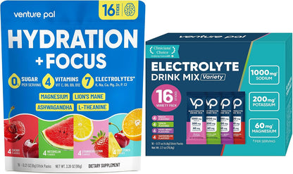 Venture Pal 2-in-1 Focus Support Electrolytes Powder + High Sodium Sugar-Free Electrolyte Powder Packets Bundle, Hydration Packets with Vitamins, Lion's Mane, Ashwagandha, Sodium, Potassium & Magnesiu