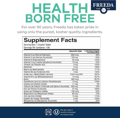 FREEDA Prenatal Vitamins for Pregnant Women – 100 Tablets | Supports Mother & Baby Nutrition – Includes Methylfolate, Calcium, & Essential Nutrients – Vegan, Kosher, Easy-to-Swallow