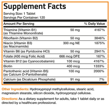 Bronson Super B Vitamin B Complex Sustained Release for Energy, 60 Tablets | B1, B2, B3, B6, Folic Acid, B12, Biotin & Pantothenic Acid, One-Tablet Formula, Non-GMO, Gluten-Free & Soy-Free