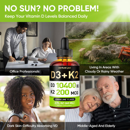 5-in-1 Vitamin D3 K2 Drops, Vitamin D3 10400 IU & K2(MK-7) 200mcg | With Magnesium, MCT Oil, Zinc, Maximum Absorption Vitamin D Liquid for Bone, Mood & Immune - Sugar Free | 2 FL OZ | 60 Days