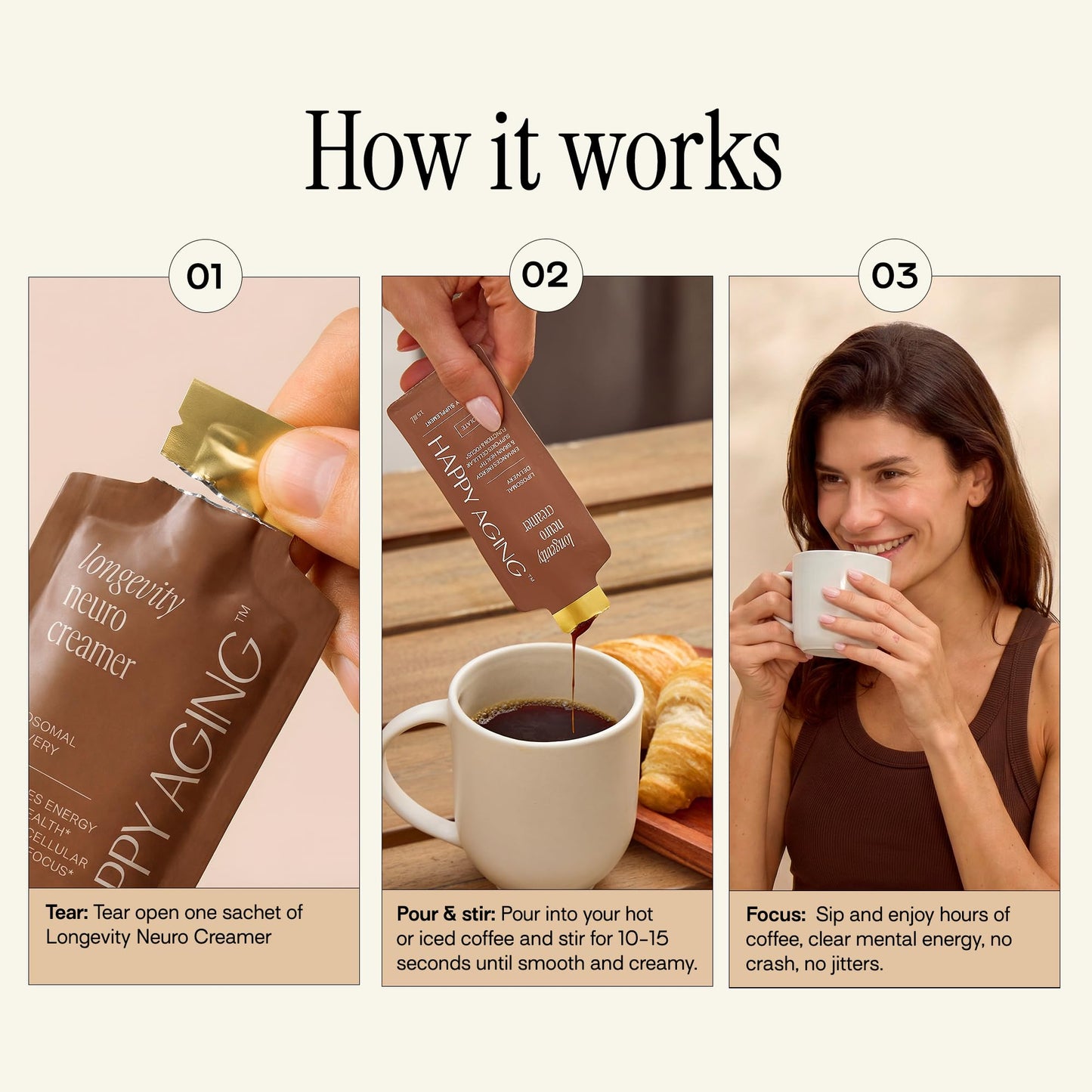 Happy Aging Liposomal Nootropic Coffee Creamer | 200mg L-Theanine, 200mg L-Tyrosine, 135mg Magnesium, 2.5g MCT Oil | Brain Focus & Energy | 30 Liquid Sachets | Vanilla & Chocolate | Vegan Keto