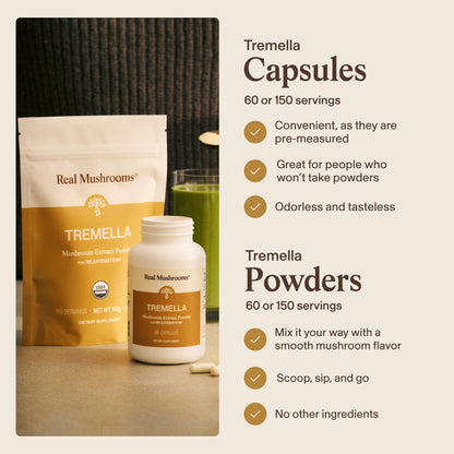 Real Mushrooms Tremella Mushroom Extract 120 ct Blend for Daily Wellness Routine - Vegan, Non-GMO, Organic Supplements Humans Support Supplement