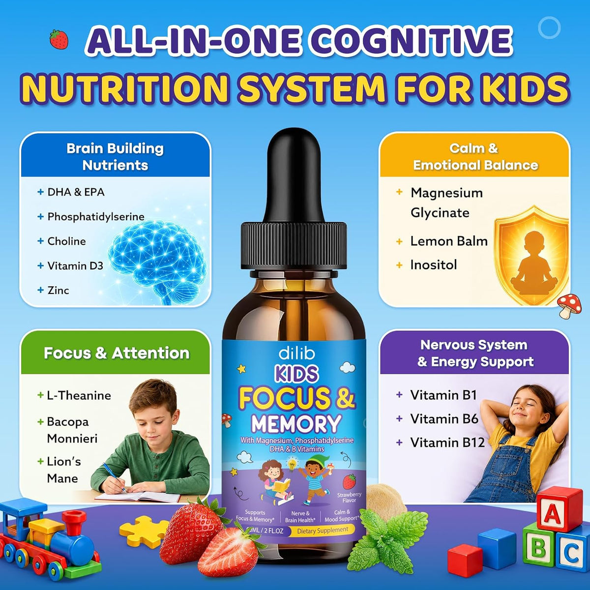 Kids Focus and Attention Drops with Phosphatidylserine, Lion’s Mane Mushroom, Magnesium Glycinate, Omega 3, Bacopa Monnier, Brain Supplements for Memory and Focus, Sleep Clam Mood, Strawberry 2 Fl Oz