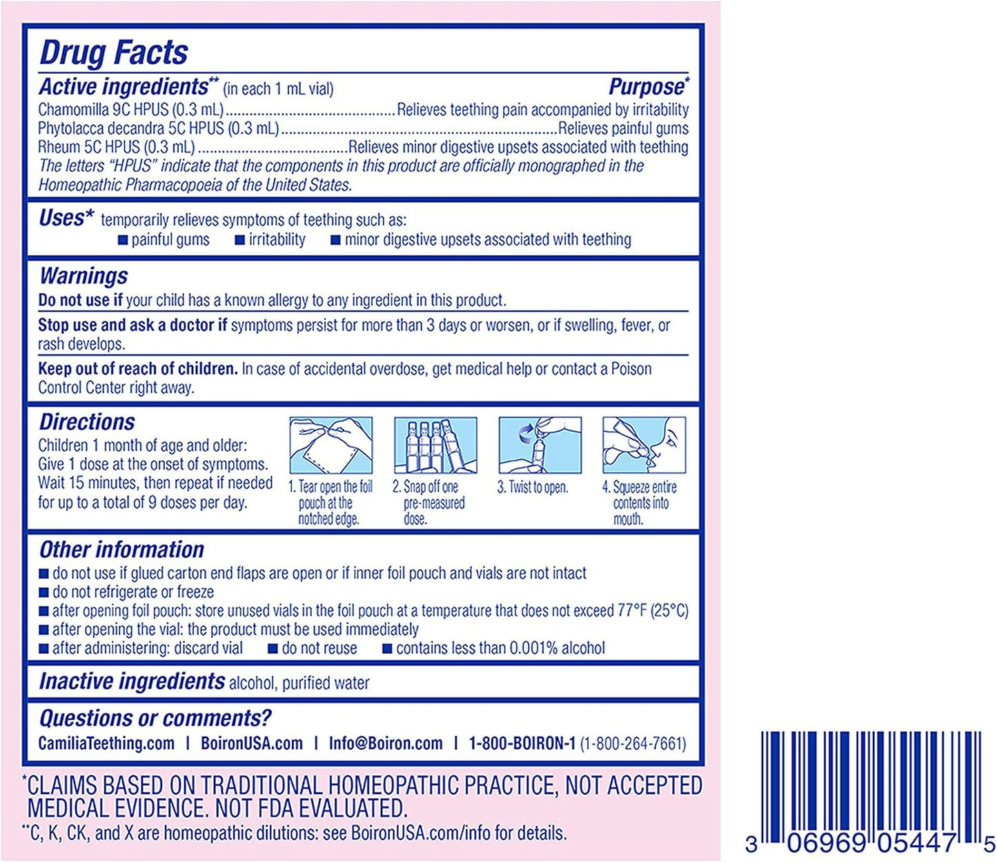 Boiron Camilia Teething Drops for Daytime and Nighttime Relief of Painful or Swollen Gums and Irritability in Babies - 40 Liquid Droppers Bundled in 8 separate packs of 5