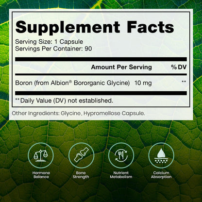 Bio Boron, 10mg/Capsule, Bororganic Glycine Boron Supplements for Men & Women, Vegan Mineral Supplements for Bones, Cardiovascular Function & Immunity Support, 90 Vegetarian Capsules